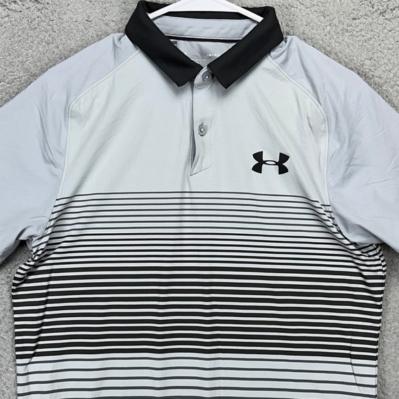 Under Armour Heat Gear Shirt Golf Polo Mens Small Gray Striped Loose Rugby Logo